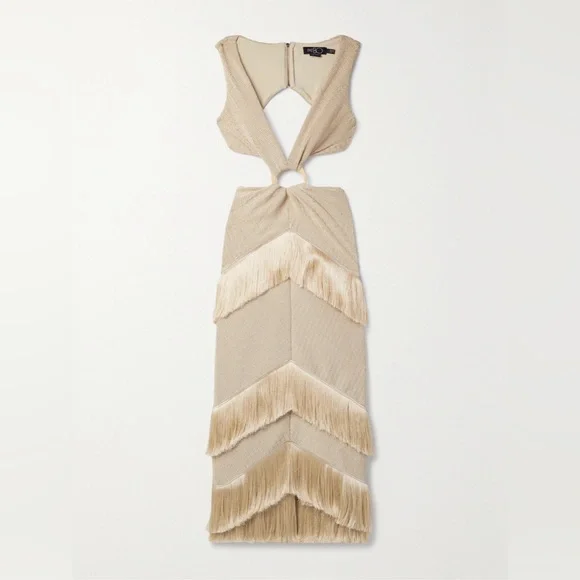 PATBO
Cutout Metallic Knit Fringe-trim Midi Dress In Clay - Picture 1 of 7